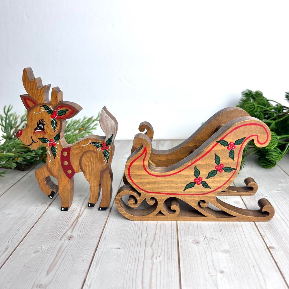 Vintage Wooden Christmas Hand Painted Reindeer & Sleigh Holly Folk Art Country
